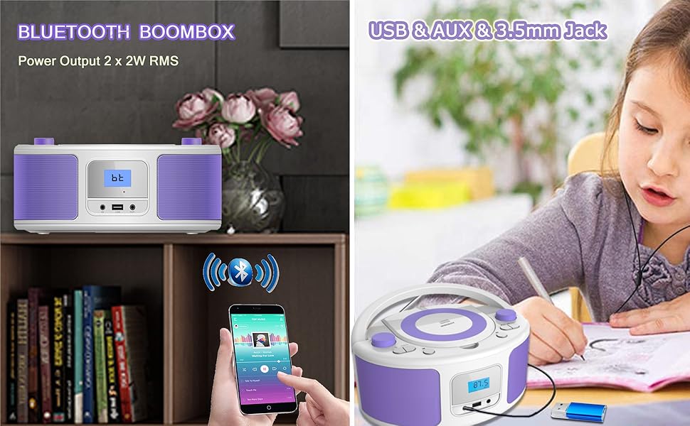 Kids cd playr boom box 2 headphone cd player purple