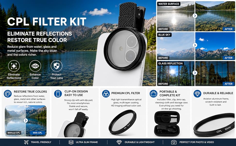 Phone Camera Lens Filter, CPL Filter for iPhone, Smartphone Polarizer