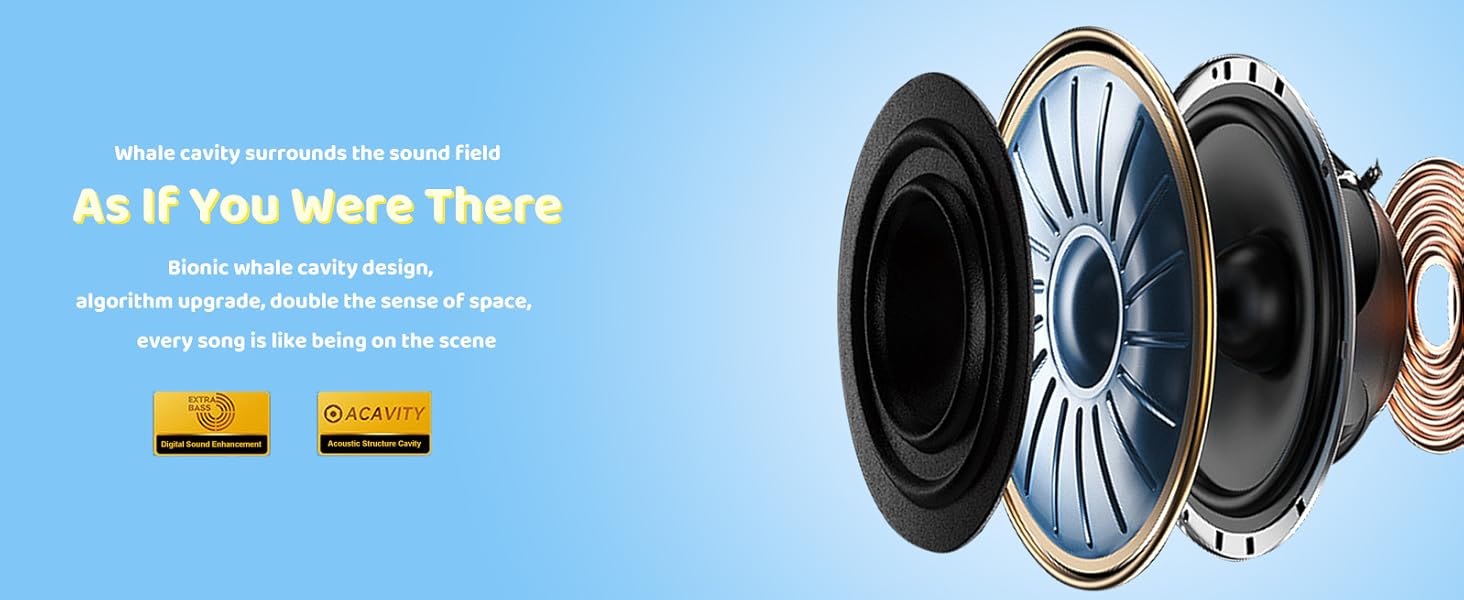 Exploded view diagram of a speaker or audio driver showing internal components including cone, surround, and mounting frame against light blue background.