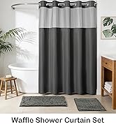 Barossa Design 3 PCS No Hook Waffle Shower Curtain Set with Chenille Bath Rugs - 71" x 74" Graphi...