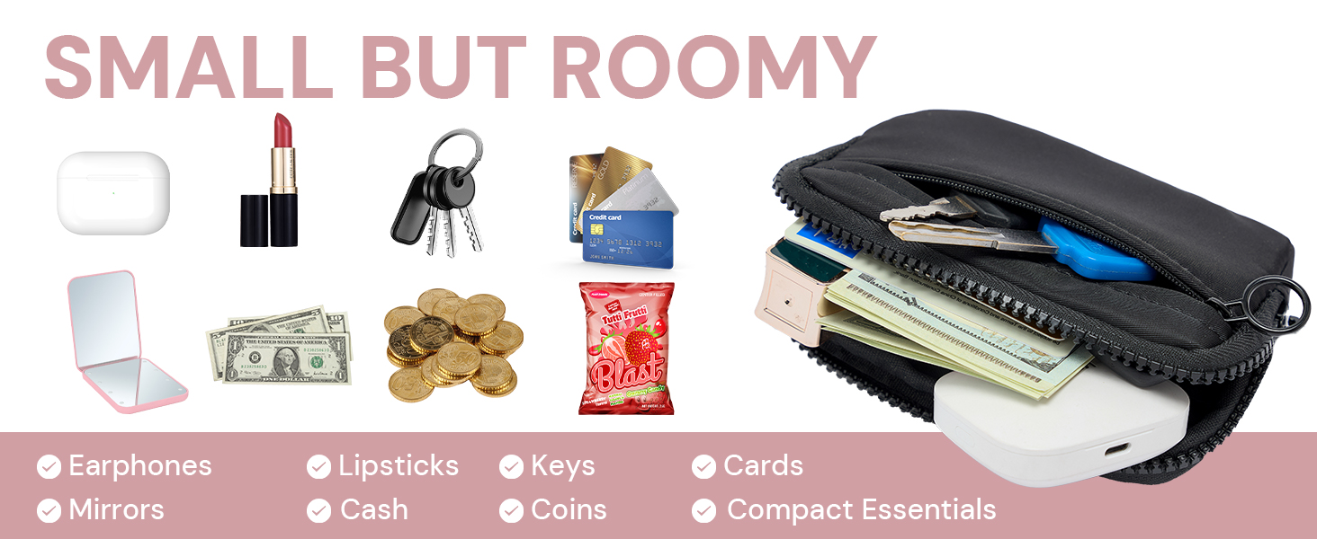Small wristlet wallet fits cash, cards, lipsticks, keys, and compact essentials