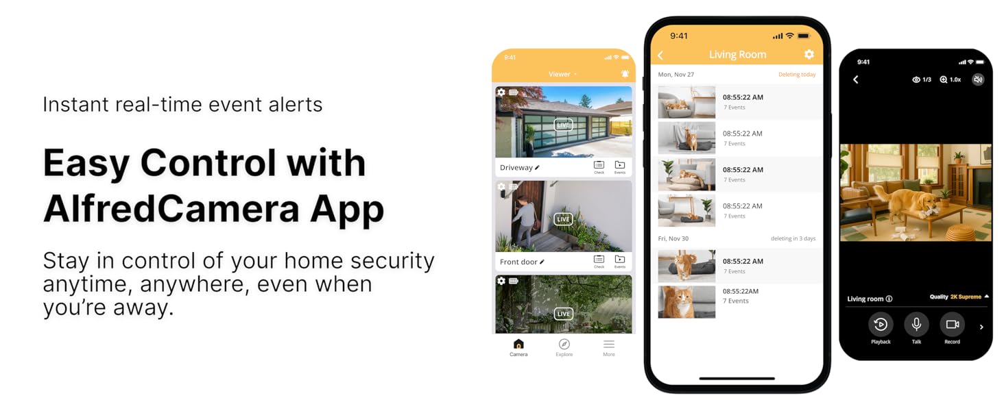 AlfredCamera app on smartphones showing live view, event alerts, and home security controls.