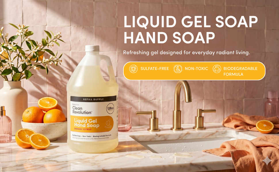 Liquid Gel Hand Soap refill gallon in a mediterranean themed kitchen