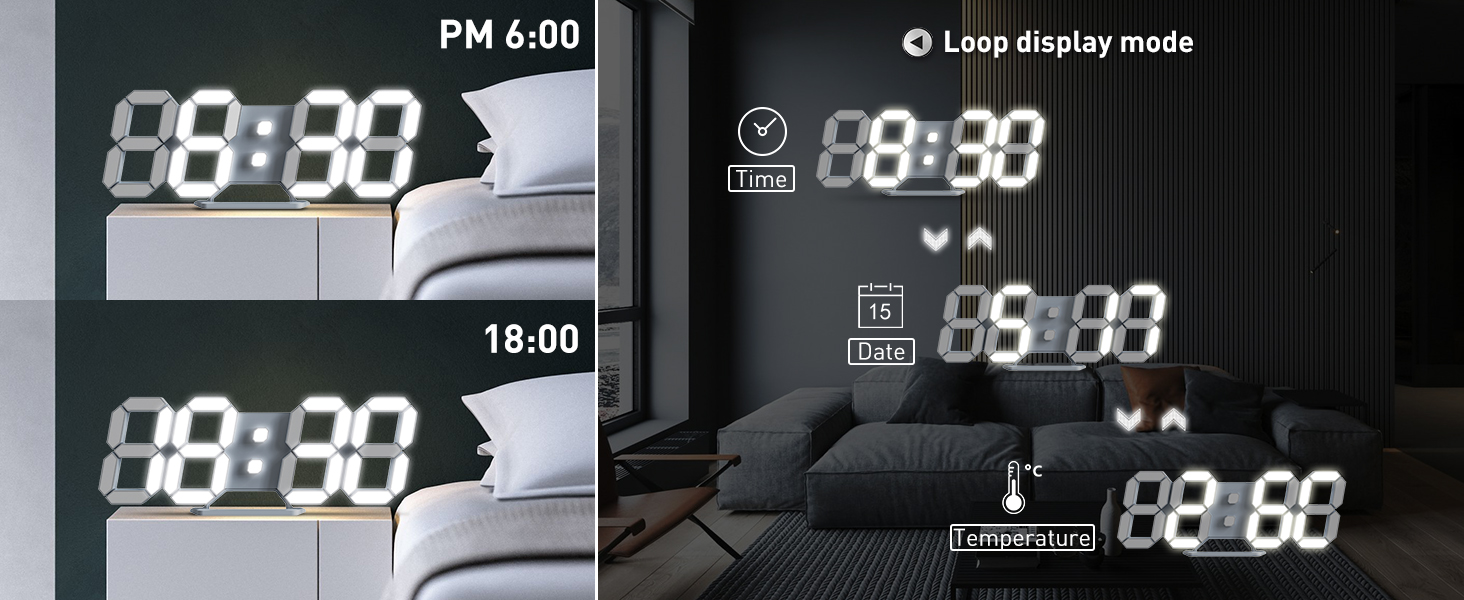 EDUP Home 3D LED Digital Wall Clock Desk Alarm Clock with Remote Control