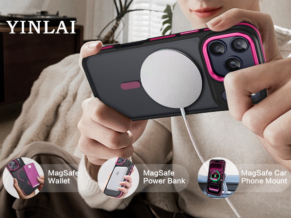 YINLAI Magnetic Phone Case for iPhone 17 Pro Max Black Hot Pink_YL5668_001