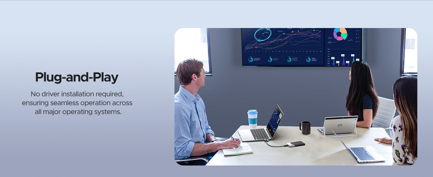 Office meeting scene with people using laptops and viewing a large screen. Text overlay states 'Plug-and-Play' with additional information about device compatibility.