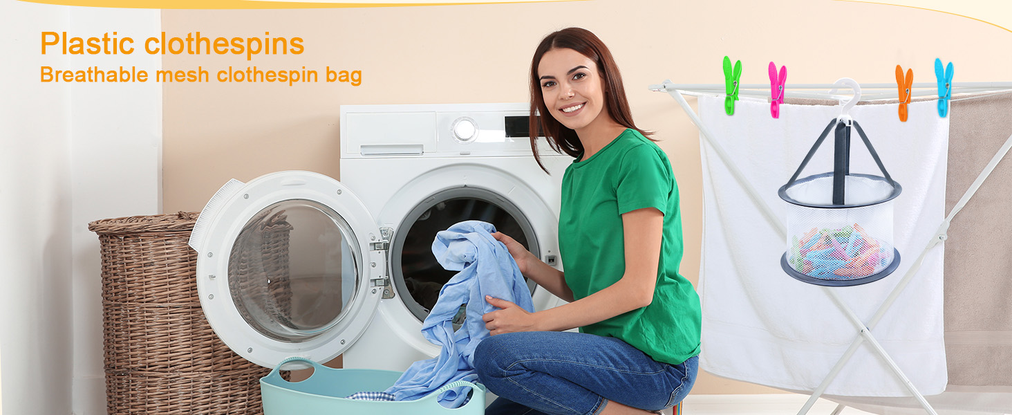 Text reads 'Plastic clothespins'. Composite image showing clothespins being used on laundry and storage solutions in a home setting with white appliances and storage areas.