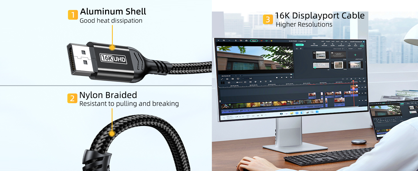 16K DisplayPort Cable 2.1 aluminum shell with better heat dissipation, and the nylon braided cable
