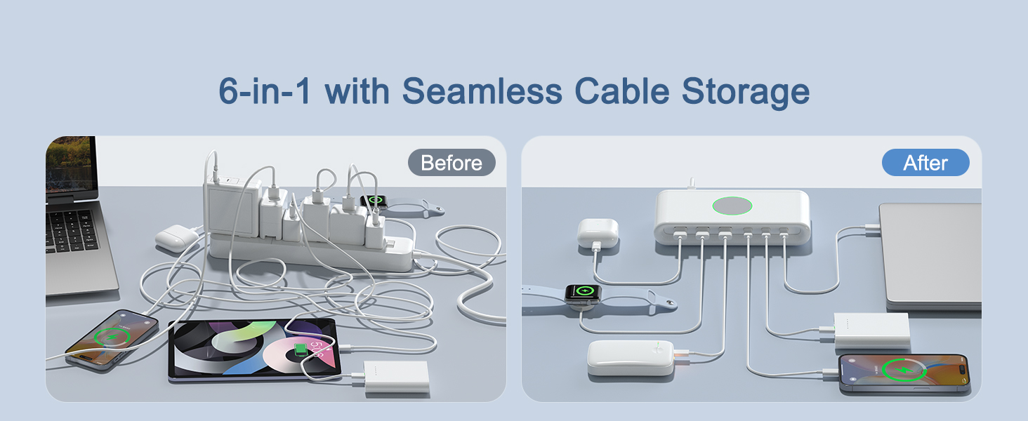 6-IN-1 USB charging station, reduce traditional wall adapter, make desktop tidy