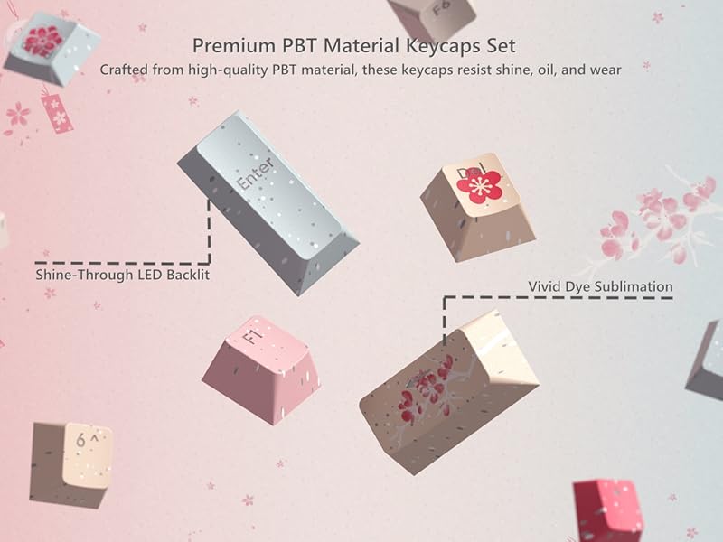 Pink Keycaps 60 65 75 100 Percent, Cute Japanese Keycaps with Shine Through