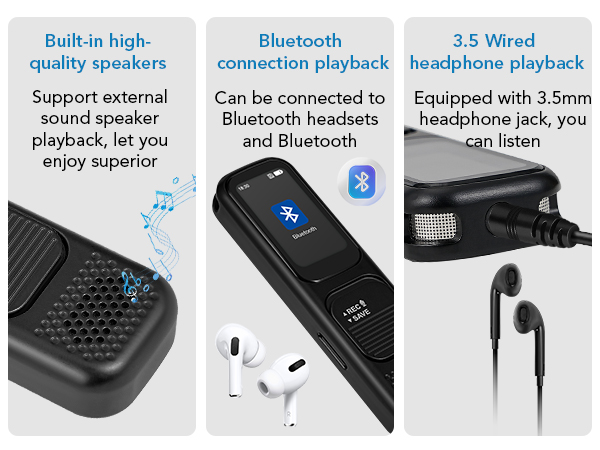 Built-in high-quality speakers playback/Bluetooth connection playback/3.5 Wired headphone playback