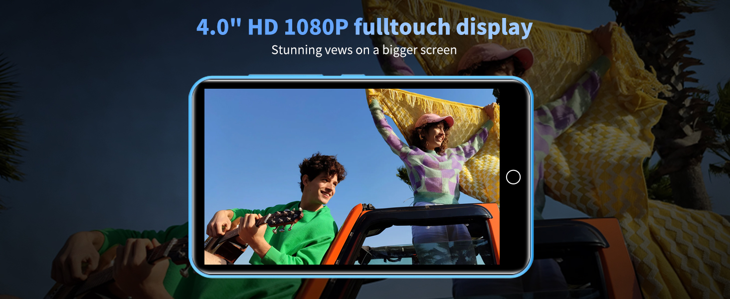 Portable device with 4.0-inch HD 1080P fulltouch display showing outdoor adventure scenes on screen.