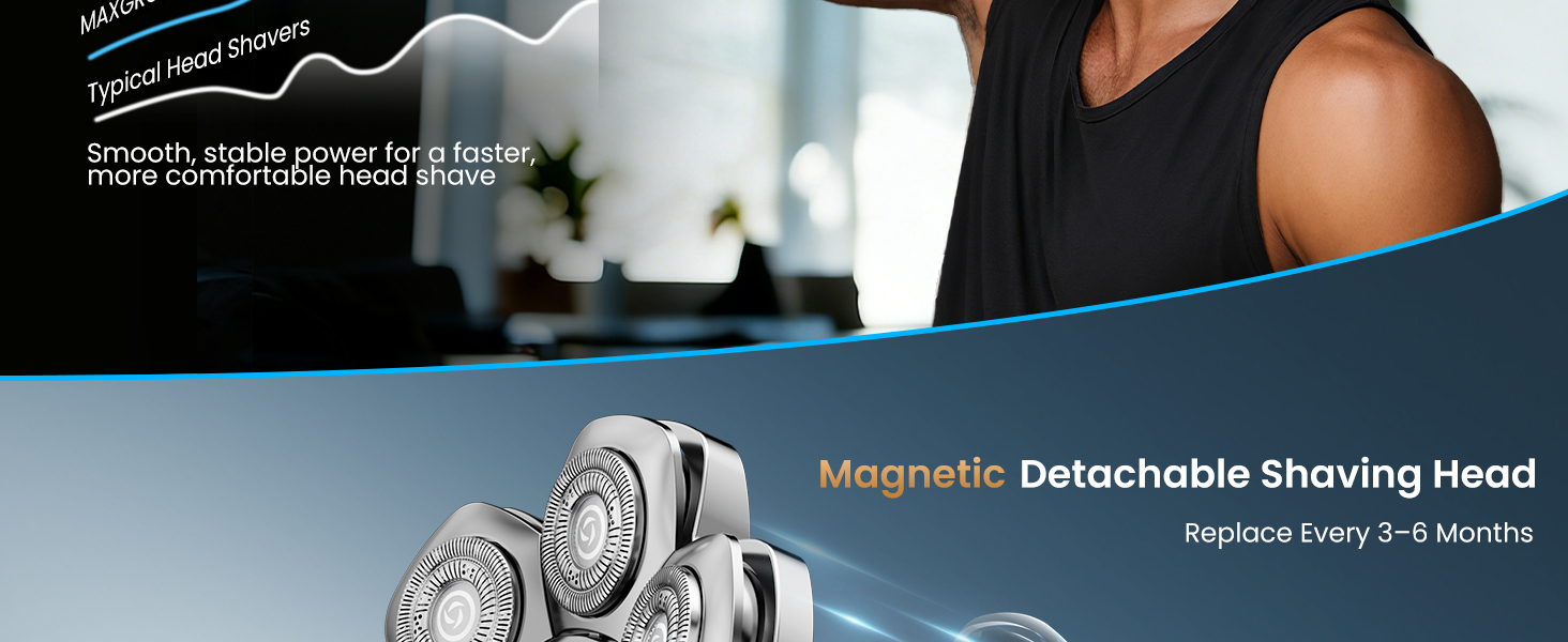 Text reads 'Magnetic Detachable Shaving Head'. Product image showing what appears to be a shaving device component
