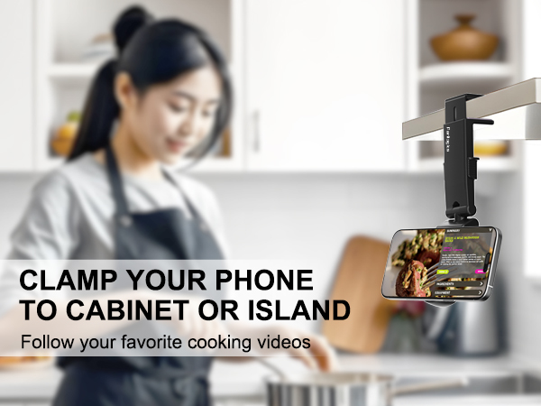 clamp your phone to cabinet or island