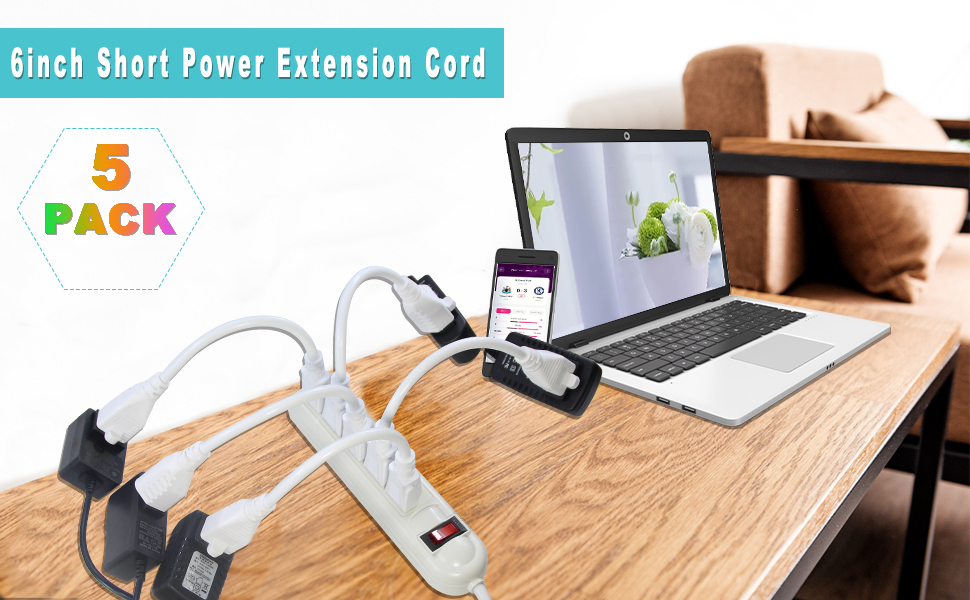 White Short 3Prong Power Extension Cord - 6inch Mini Indoor Grounded Extension Cord