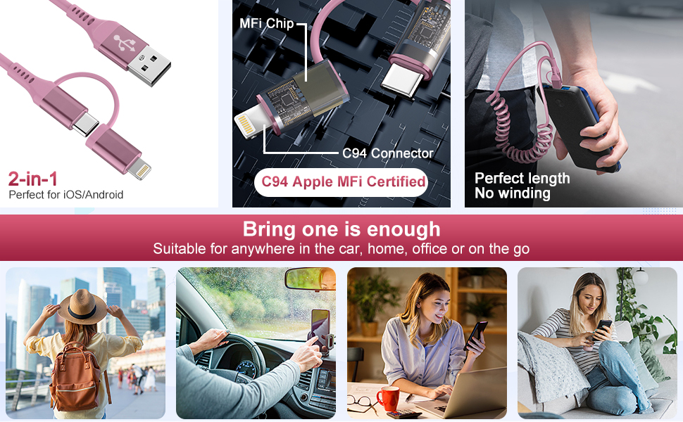 pink usb c &amp;amp; lightning cable
