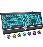KOPJIPPOM Computer Wired Keyboard, Large Print Backlit Keyboard with Wrist Rest, 7-Colors Backlit...