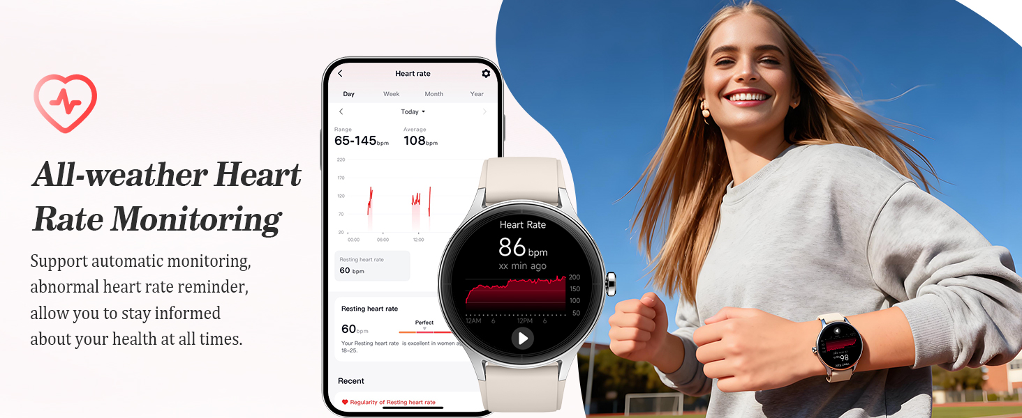 Text reads 'All-weather Heart Rate Monitoring'. Series of mobile app interface screenshots showing heart rate monitoring features and outdoor activity tracking.