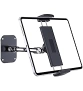 Adjustable wall-mounted tablet holder with black metal construction, featuring articulating arm and secure grip mechanism.