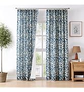 Vision Home Navy Floral Pinch Pleat Light Filtering Curtains, Linen Pleated Drapes with Microfibe...