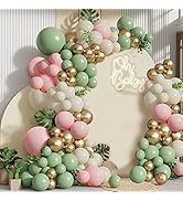Sage Green Pink Balloons Garland Kit,133pcs Olive Green Blush Pink Sand White Metallic Gold Ballo...
