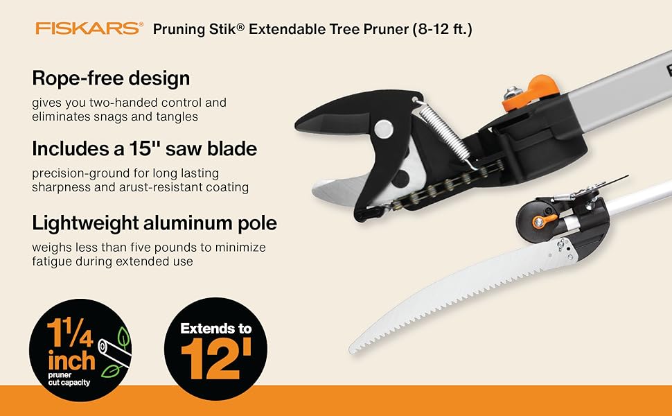Fiskars Pruning Stik rope free includes 15 in saw blade lightweight 1 and quarter inch cutting