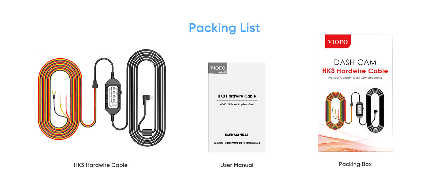 HK3 hardwire kit packing list: cable, user manual, and packaging box with product details.