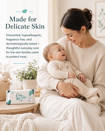 Mother cuddling baby in a soft nursery with Cozy Wipe baby wipes in the foreground.