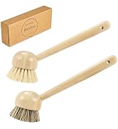 2 Pack Natural Kitchen Dish Brushes with Sisal &amp; Palm Bristles, Long Bamboo Handle Scrubber for D...