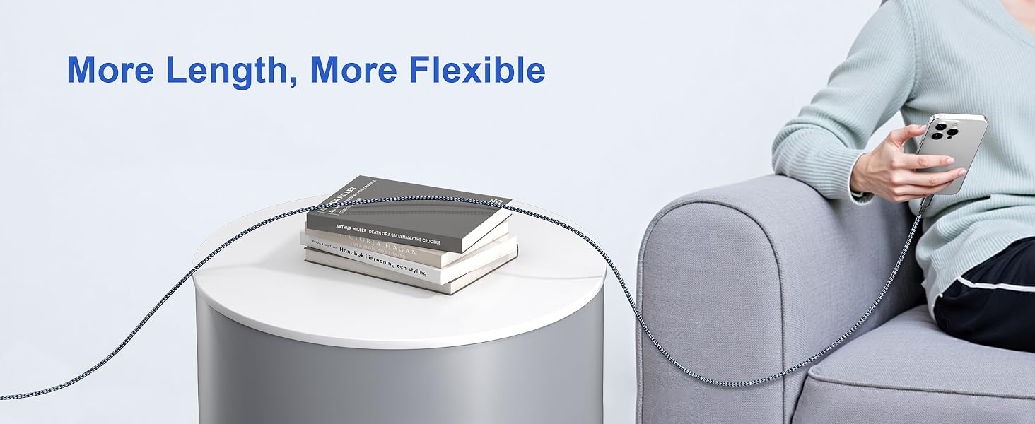 Long, flexible black charging cable extending from a white circular table to a person holding a smartphone on a gray couch. Text reads 'More Length, More Flexible'.