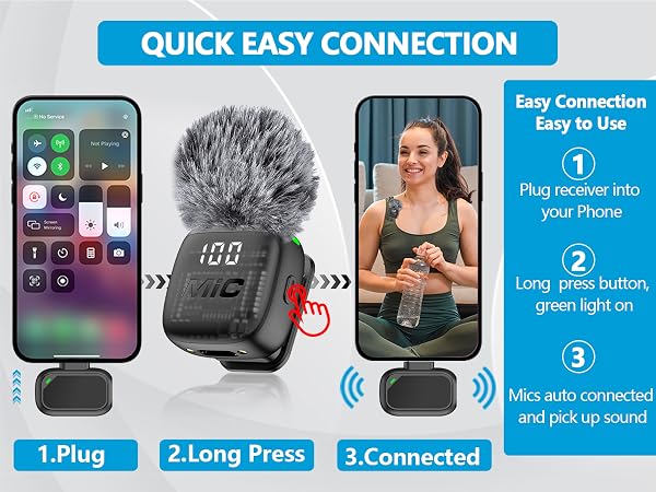 Text reads "QUICK EASY CONNECTION", "Easy to Use", "1 Plug", "2 Long Press", "3 Connected", "Compatible with all phones", and "Long connection distance". Smartphone to microphone wireless connection instructional diagram with numbered steps and icons.