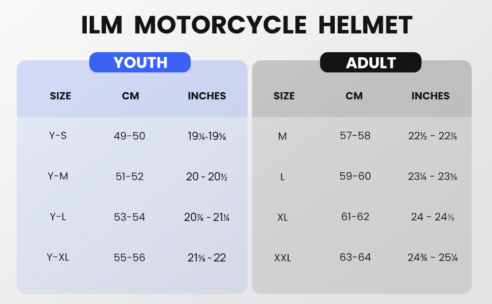 size chart for kids adult dirt bike motorcycle helmet