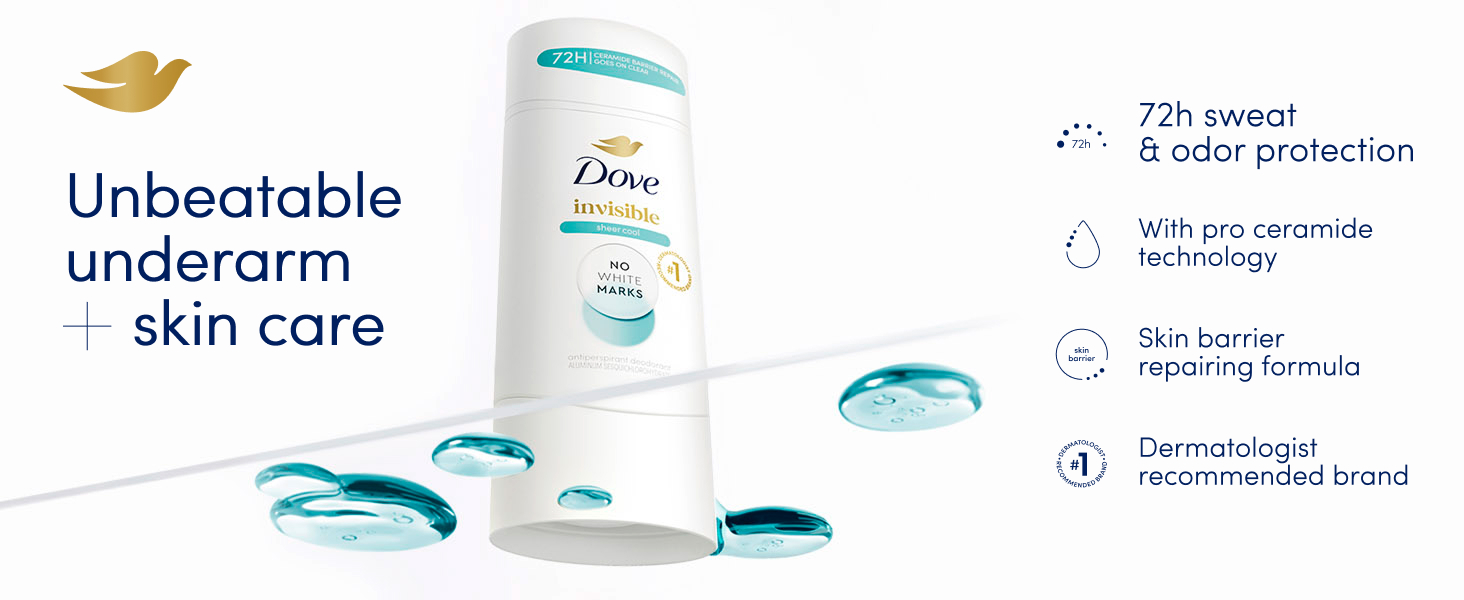 Dove&amp;#39;s Invisible Sheer Cool antiperspirant stick next to product&amp;#39;s benefits.