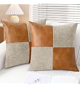 CaliTime Throw Pillow Covers Decorative 18 X 18 Inches Pack of 2 Cozy Chenille Faux Leather Splic...