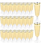 mwellewm 100 Pcs Plastic Champagne Flutes, Disposable Clear Gold Rim Champagne Glasses, Mimosa Gl...