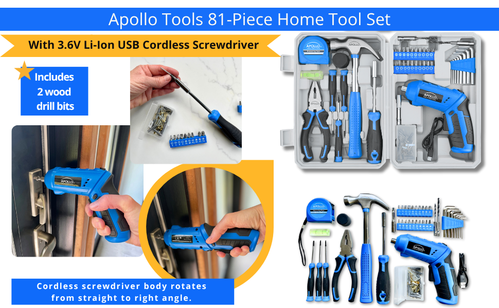 apollo tools 81 piece home tool set with 2 angles cordless screwdriver