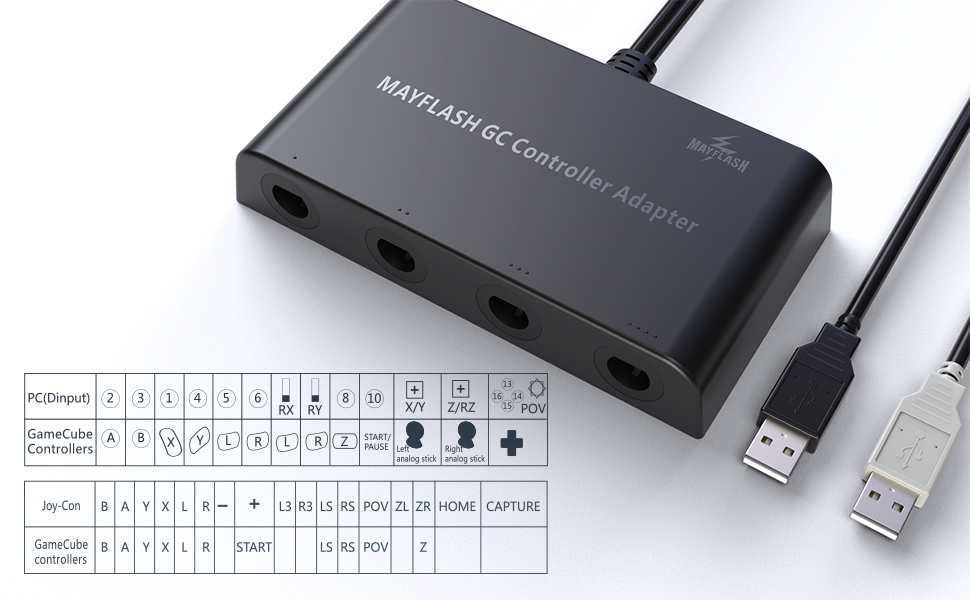 Mayflash GameCube Controller Adapter for Wii U, PC USB and Switch, 4 Ports