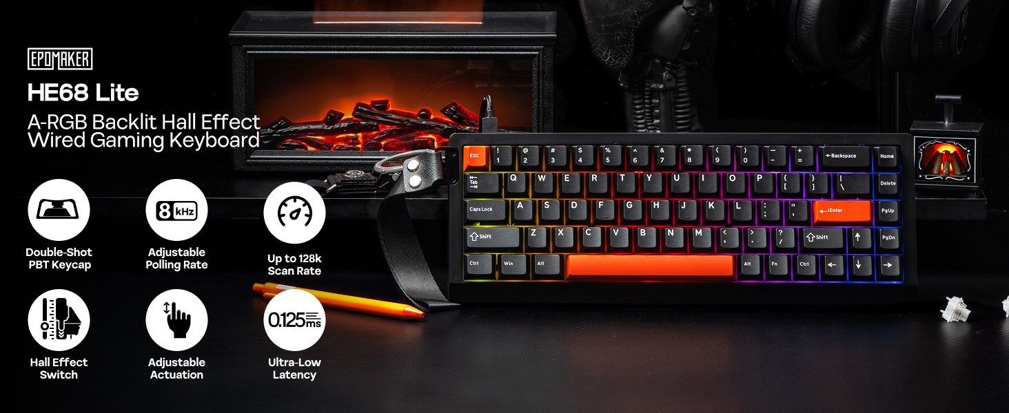 Gaming keyboard interface display showing illuminated keys with icons for various functions including volume, brightness, and gaming controls.