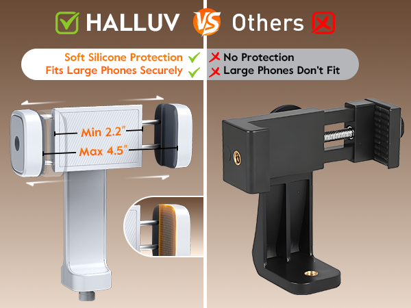 HALLUV ring light phone holder fits 2.2–4.5" phones with silicone grip for calls and recording