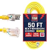 Lone Star Cords 50 Ft 12/3 SJTW Lighted End Heavy Duty Yellow Outdoor Extension Cord with 3 Prong...