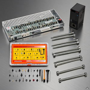 A workbench with various tools and components neatly organized around the product.