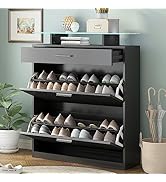 LunaThreads Slim Freestanding Shoe Cabinet with Tempered Glass Top 2 Flip Drawers LED Light for H...