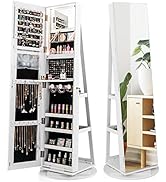 CHARMAID 360° Swivel Jewelry Armoire with Full Length Mirror, Rear Storage Shelves, Lockable Stan...