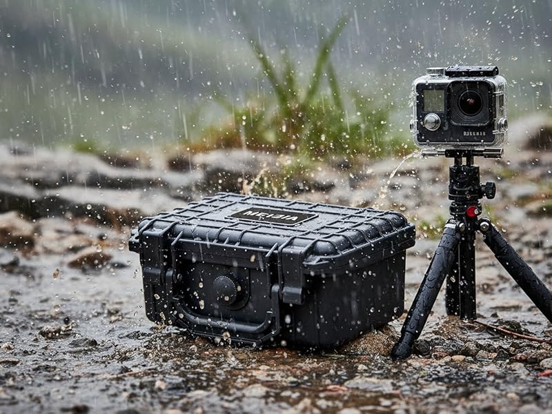 Action camera mounted on tripod photographed in outdoor rocky terrain, showing waterproof durability features.