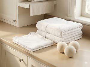 Folded soft laundry beside reusable wool dryer balls