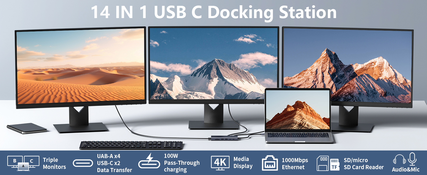 USB C Docking Station Dual Monitor, 14 in 1 Triple Display USB C Hub Multiport Adapter