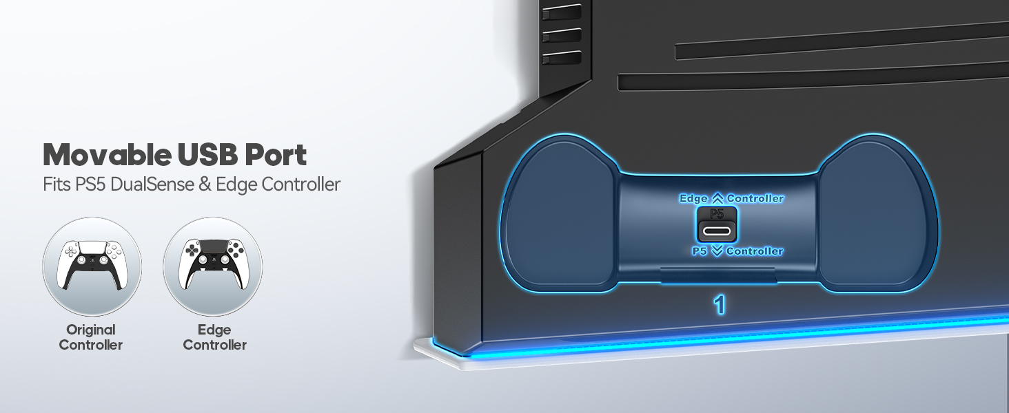 Text reads 'Moveable USB Port' with product shots of a black electronic device with blue LED lighting and USB connectivity features