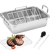 15 Inch Stainless Steel Roasting Pan with V-Shaped Rack and Turkey Baster - Rectangular Roaster f...