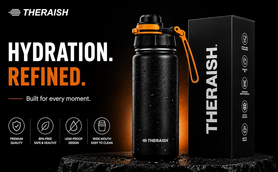 THERAISH insulated stainless steel water bottle with leak-proof lid