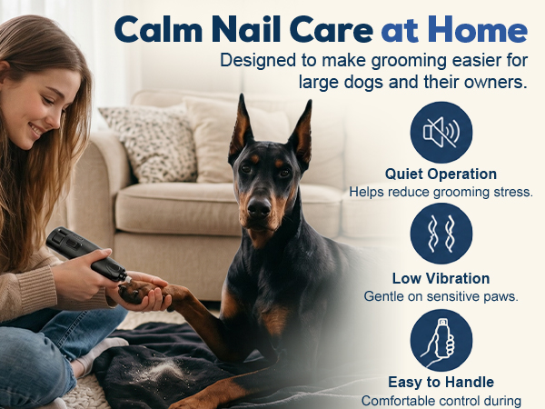 Woman grooming a large dog with BUCKOLLAR nail grinder at home.